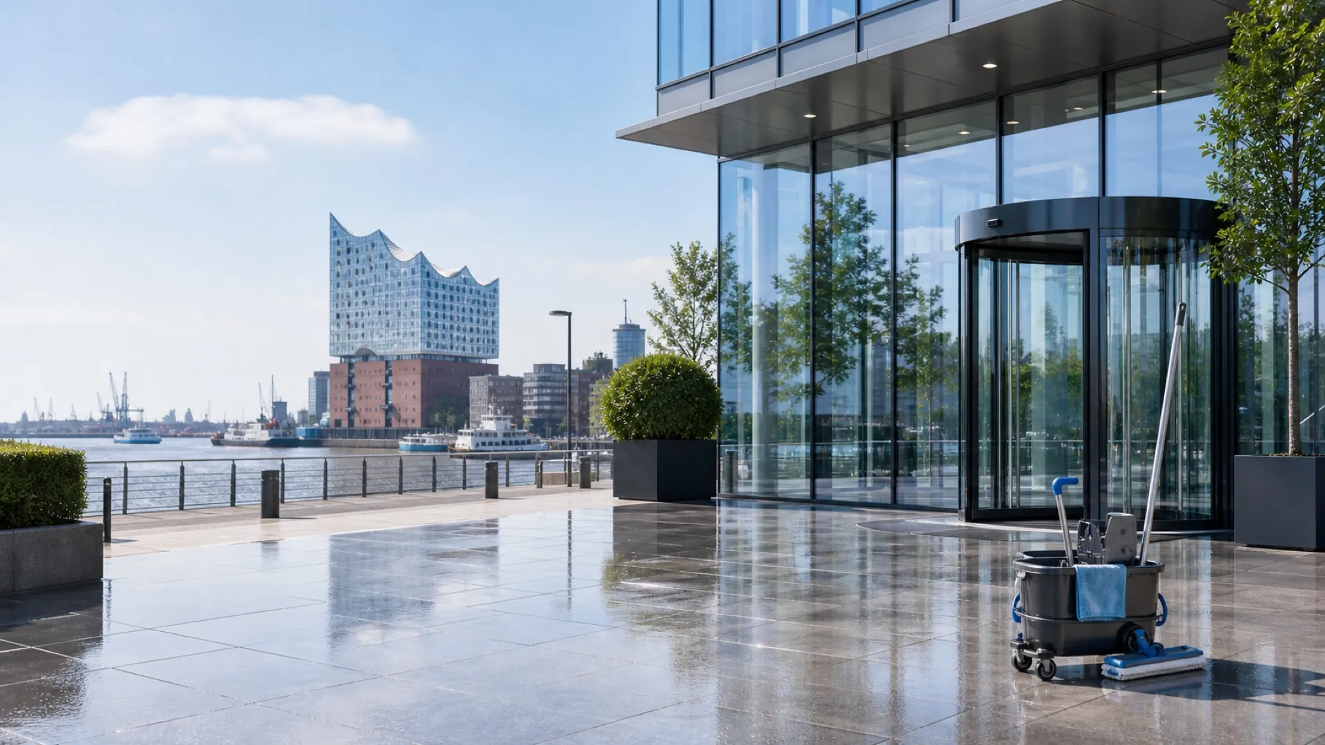 Hamburger HafenCity mit Elbphilharmonie — Reinigungsstandort vor Bürogebäude